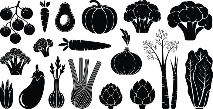 Black and white illustration of various vegetables and root crops