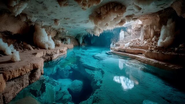 Winter season adventure exploration. A vivid portrayal of a cavernous underwater scene. The main subject is a serene pool of turquoise water surrounded by rocky formations and stalactites.
