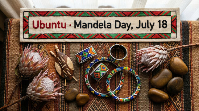 A vibrant arrangement of traditional African symbols and protea flowers celebrates Ubuntu and Mandela Day on July 18.