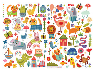 Fototapeta premium Baby hand drawn set for textile, posters, cards. Baby animals pattern. Fabric baby design. Vector illustration with cute animals. Nursery baby pattern illustration, whimsical animals.