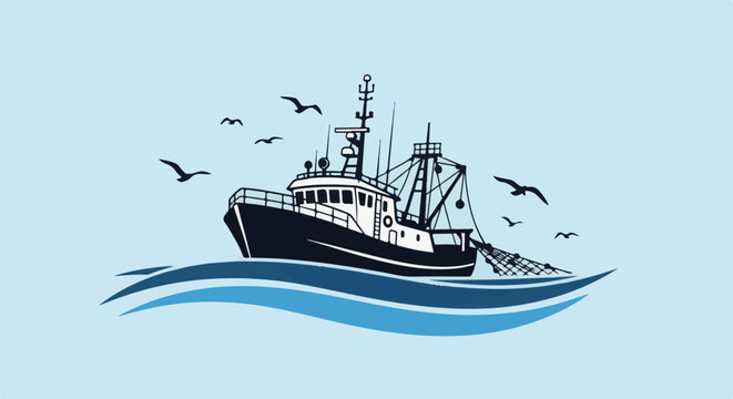 A fishing trawler at sea with seagulls overhead on a light blue sky