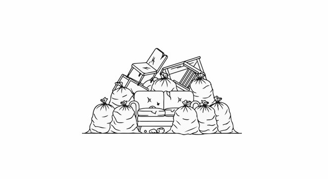 Pile of garbage bags surrounding discarded furniture, including a sofa and chairs