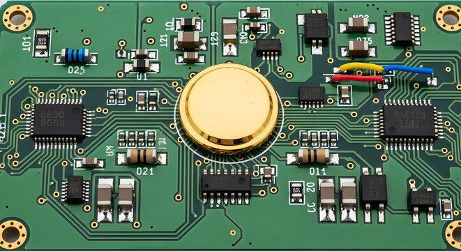 A close-up of a circuit board with various components