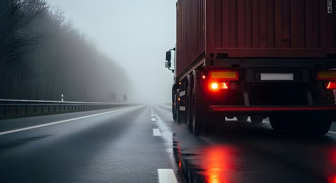 Truck's Red Taillights Gleaming On A Wet Road During A Foggy Day