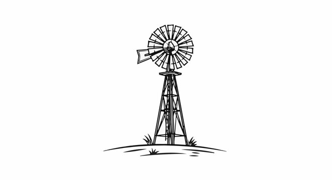 Stylized sketch of a farm windmill standing on grassy ground