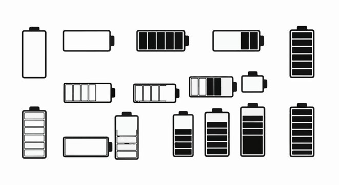 Various battery icons illustrating different charge levels, from empty to full