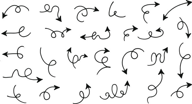 Hand drawn curly arrow collection set with looping, curved and decorative sketch arrows isolated on white background vector illustration