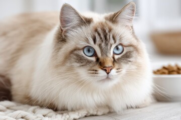 Naklejka premium Close-up portrait of a beautiful fluffy Ragdoll cat with striking blue eyes and soft fur.