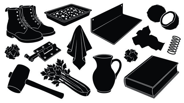 A diverse and random assortment of everyday objects, including boots, celery, a mallet, and a book, is presented as a clean black silhouette collection.