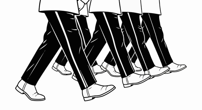 Black and white illustration of people in formal attire marching forward