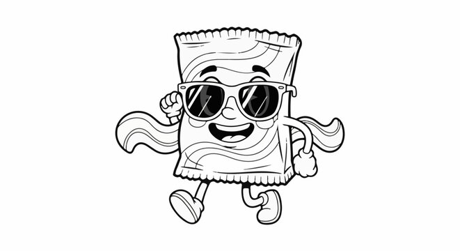 A cartoon snack wrapper with sunglasses and arms, joyfully walking