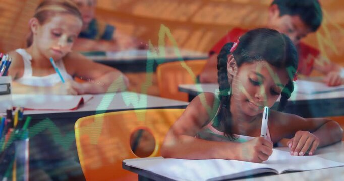 Braided girl and peers writing notebook during classwork, green zigzag overlay crossing over desks