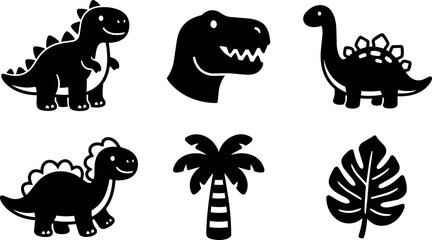 Fototapeta premium Set of dinosaurs silhouettes with palm tree and leaf icons