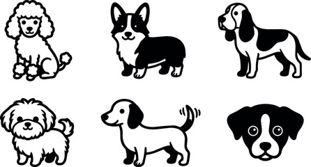 Obraz premium Vector art set of six black and white dogs in cartoon style