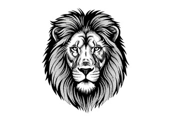 Obraz premium Majestic Lion Head Illustration in Vintage Engraving Style - Black and White Stipple Art Lion Portrait for Logos, Tattoos, and Apparel Design