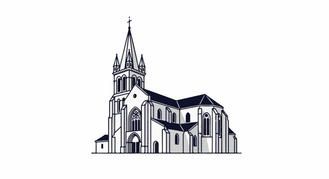 A stylized line drawing of a grand Gothic cathedral with a tall spire