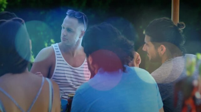 Vertical video: Man looking left starting chat, group listening camera panning, lensflare marketing