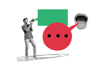 Naklejka na ściany i meble Composite photo collage of happy man scream megaphone bubble communication faceless mouth open lips phrase isolated on painted background