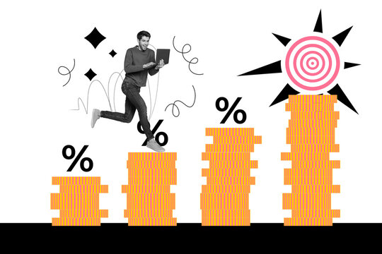 Composite 3D collage trend template design of young man climb up hold laptop aim charts business goal graphics trade market dollars wealth