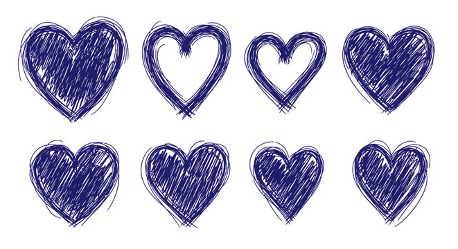 Hand Drawn Scribble Heart Set with Rough Sketch Love Symbols Isolated on White Background