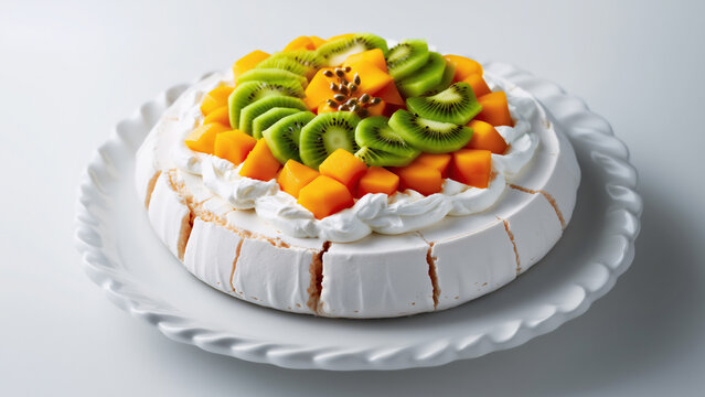 Tropical Mango Pavlova. Meringue base topped with a thick, architectural layer of stiffly whipped white cream. Bright-orange mango cubes and vibrant-green kiwi slices propped on top. Summer dessert.