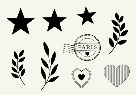 Vintage Travel and Romance Icon Set with Paris Postmark, Stars, Hearts, and Leafy Branches