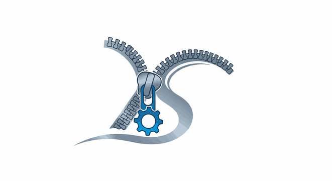 Abstract zipper with blue gear and flowing silver lines on white background