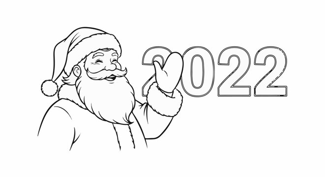Cheerful Santa Claus gestures to the numbers of the year 2022