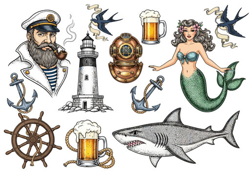 Vintage Nautical Tattoo Flash Set with Captain, Mermaid, Shark, and Lighthouse Illustrations