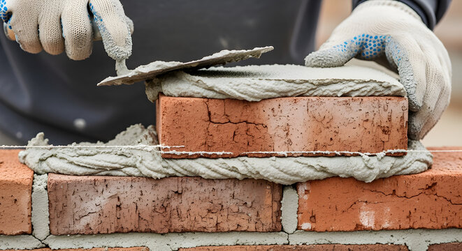 Mason laying bricks with rope and cement, construction worker hands