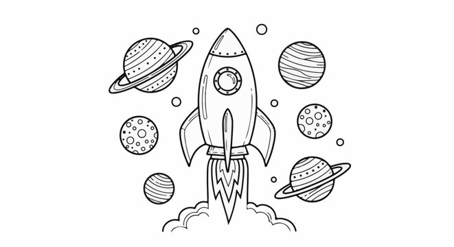 Rocket blasting off amongst planets and stars in a simple, outlined drawing