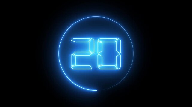 25 to 0 second modern digital countdown timer neon light style on black background. Circle countdown timer 25 sec animation. High quality 4K video.