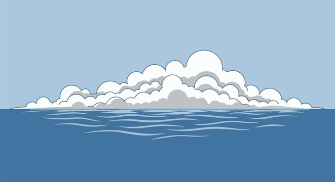 Pixelated clouds drift over a calm, blue ocean