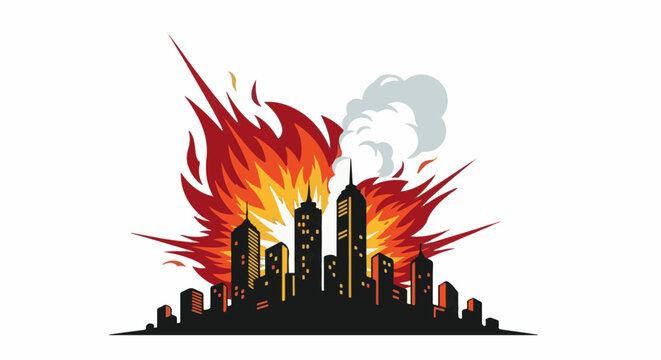 Exploding city skyline with large flames and smoke