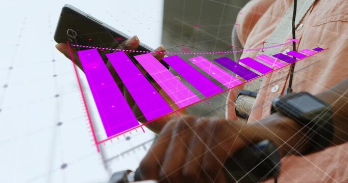 Woman holding phone above handlebar, single magenta bar appearing as 3D bars showing cycling data