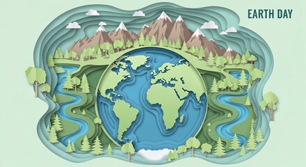 Fototapeta premium Stylized world map with green landscapes and environmental elements, representing global sustainability and conservation.