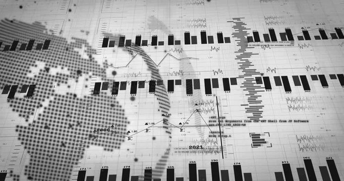 On data load dotted globe rotating while bar charts rising and lines animating, visualizing trends