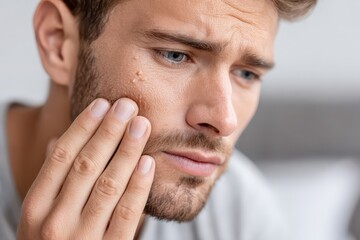 Fototapeta premium Close-up of a man's face with skin blemishes, touching his cheek with concern and worry.