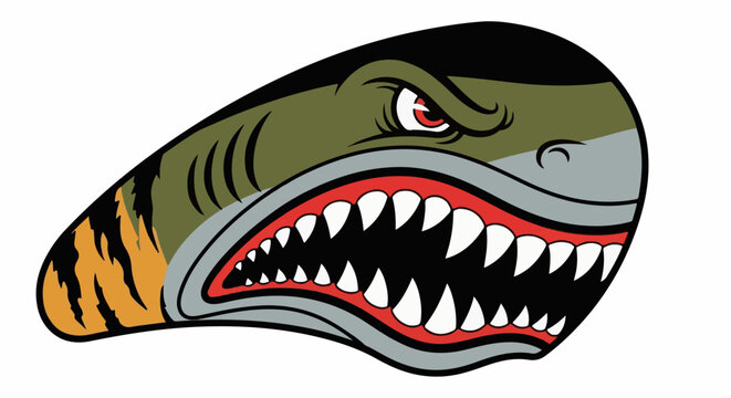 Aggressive stylized shark head with sharp teeth and fierce eye