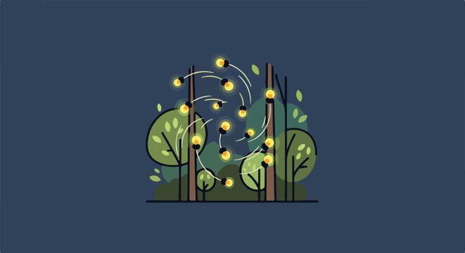Animated fireflies swirl in a stylized forest with glowing lights at night