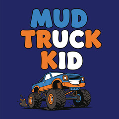 A colorful illustration of a monster truck for kids with mud theme tshirt design © MdAnisul