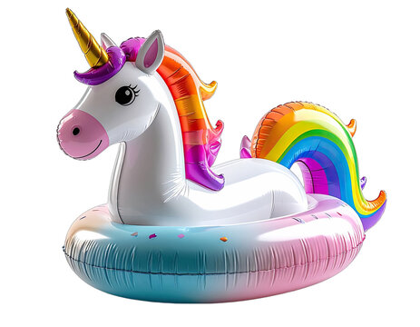 A rainbow-maned inflatable unicorn float on a pool