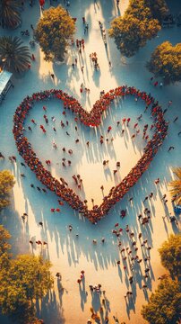 A group of people dressed in red form a giant heart in the town square, symbolising unity and providing a backdrop for events and charitable initiatives.