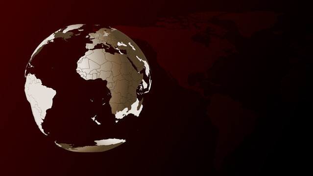 Digital rotating earth globe on a dark red background with world map, stylized 3D planet for broadcast news, global business, technology and communication intro