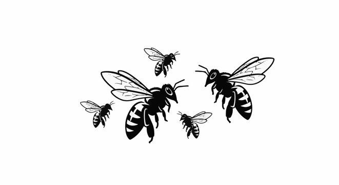 Five black and white flying insect illustrations on a white background