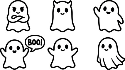 Fototapeta premium Line art ghost doodles with cartoon expressions and speech bubble