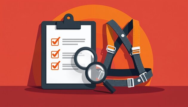 Safety checklist with magnifying glass and harness shown. Document confirms equipment inspection for risk assessment and compliance in workplaces.