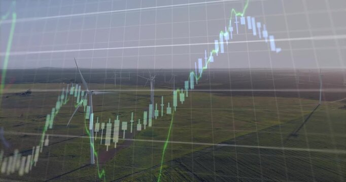 Wind turbines framing shot, overlay entering left and animating finance price chart full cycle