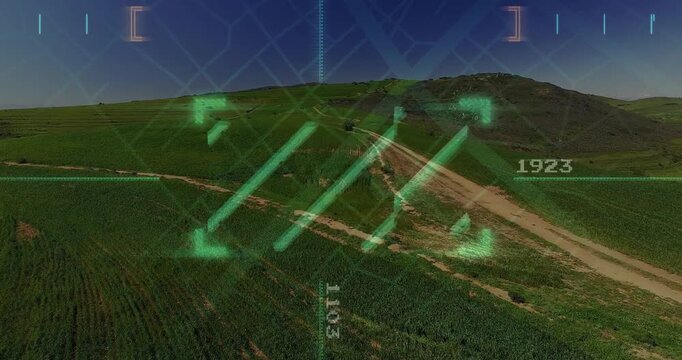 HUD reticle locking onto dirt road, drone advancing while telemetry numbers updating to map erosion