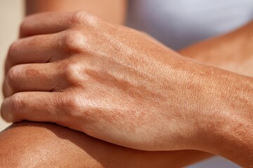 Fototapeta premium Close-up macro shot of a sun-kissed human hand and forearm showing skin texture and veins.